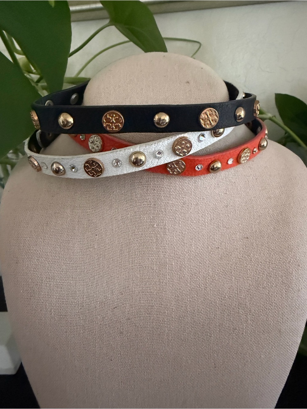 Tory Burch Triple Wrap Logo Stud Leather Bracelet - Black, White, Orange 3